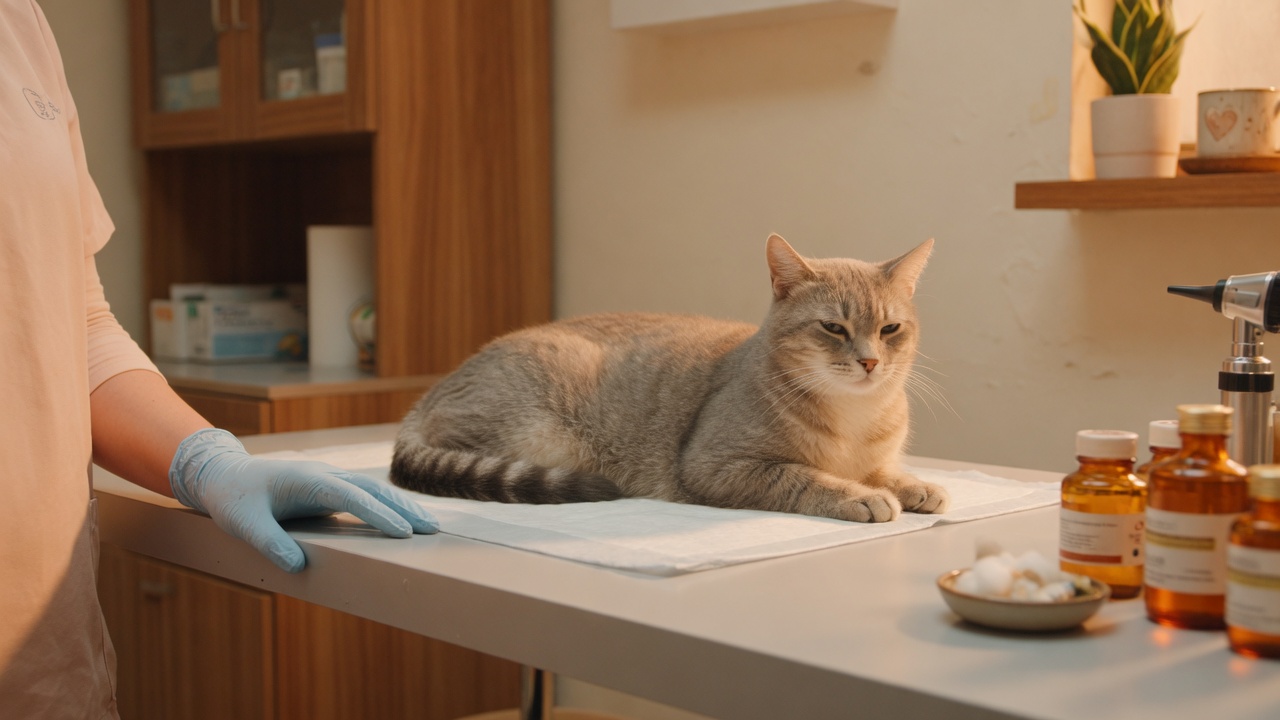 Graue Katze auf dem Behandlungstisch, behandschuhte Hand und Ampullen