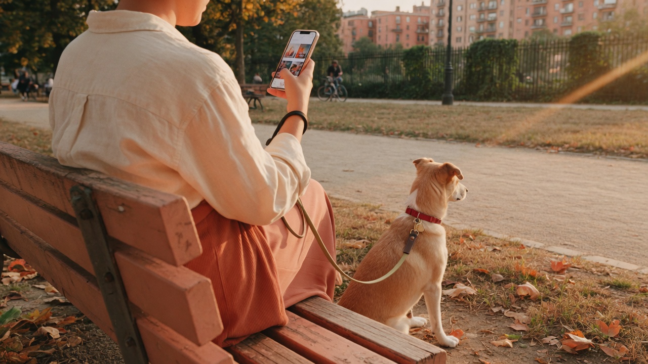 Parkta oturan yetişkin elinde telefon, yanında tasmalı köpek; keşif için uygulamayı kullanıyor