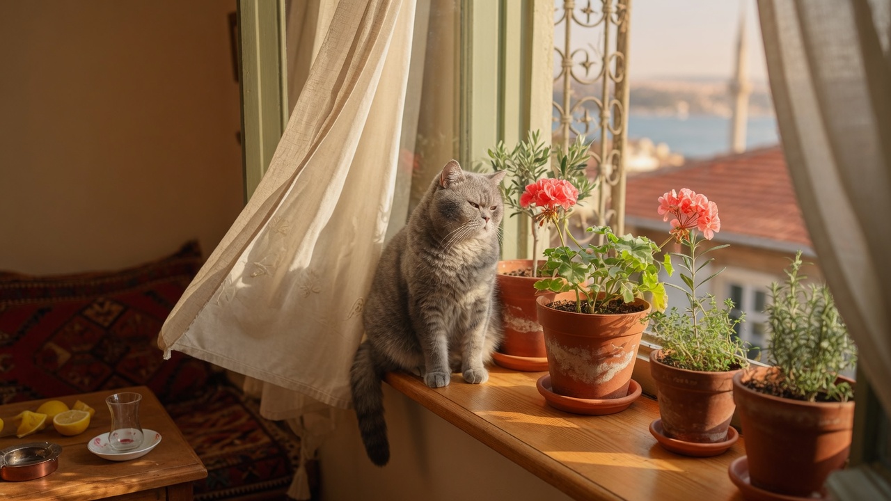 Pencere kenarında oturan British Shorthair kedi, yumuşak gün ışığında ev içi portre